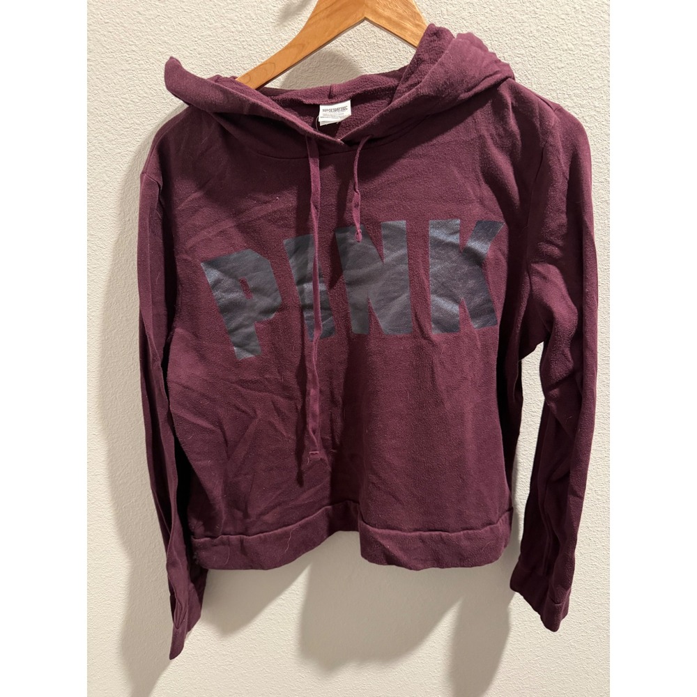 Pink Victoria's Secret Hoodie Maroon Burgundy Cropped Logo Sweatshirt Large